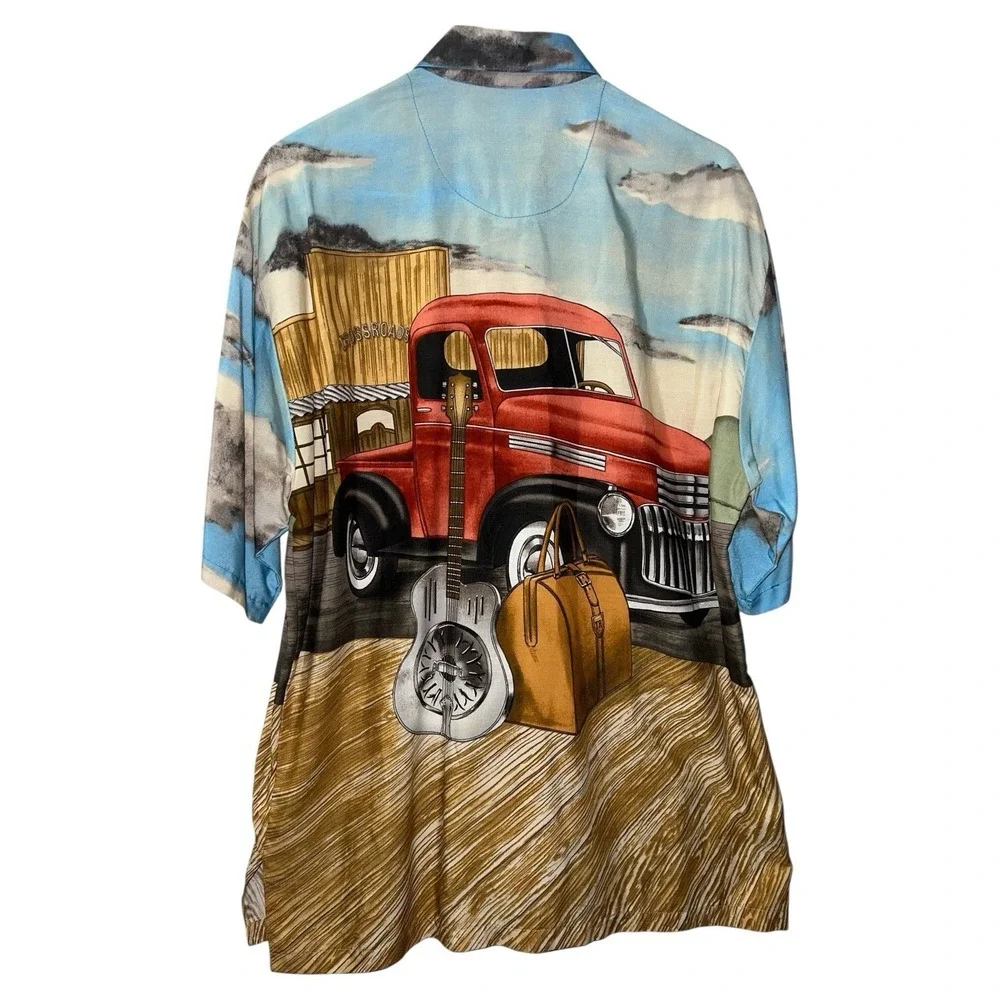 Tori Richard Mens Crossroads Red Truck Guitar‎ Rare Button Down Shirt Blue M